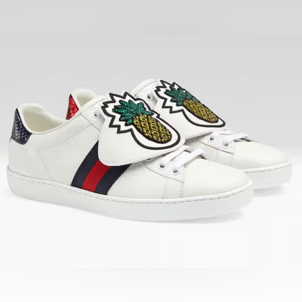 GUCCI Leather Ace Sneakers in White with Crystal Pineapple Attachment NEW